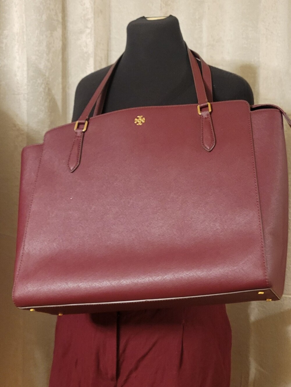 Tory Burch Maroon Leather Tote with Gold Logo
